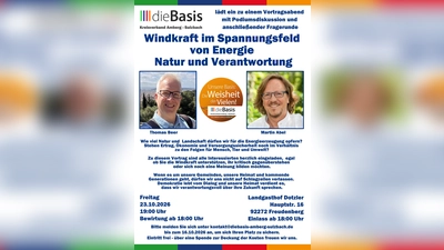 Thomas Beer und Martin Abel referieren zum Thema – Windkraft im Spannungsfeld von Energie, Natur und Verantwortung. (Bild: Udo Moser)