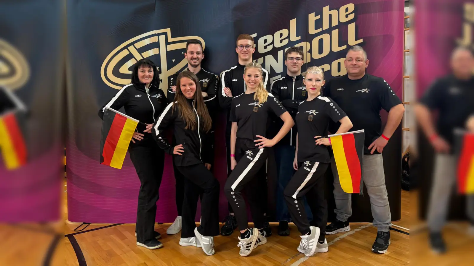 Sie waren bei der Weltmeisterschaft in Kroatien: die beiden Trainer Ilona Stubenvoll (links) und Bernd Peter (rechts) mit den Amberger Tänzer-Paaren (von links): Dominik Stubenvoll mit Tanja Klemens, Gabriel Junkes mit Jana Dotzler sowie Thomas Hottner mit Melina Steindl.  (Bild: Michael Dotzler)