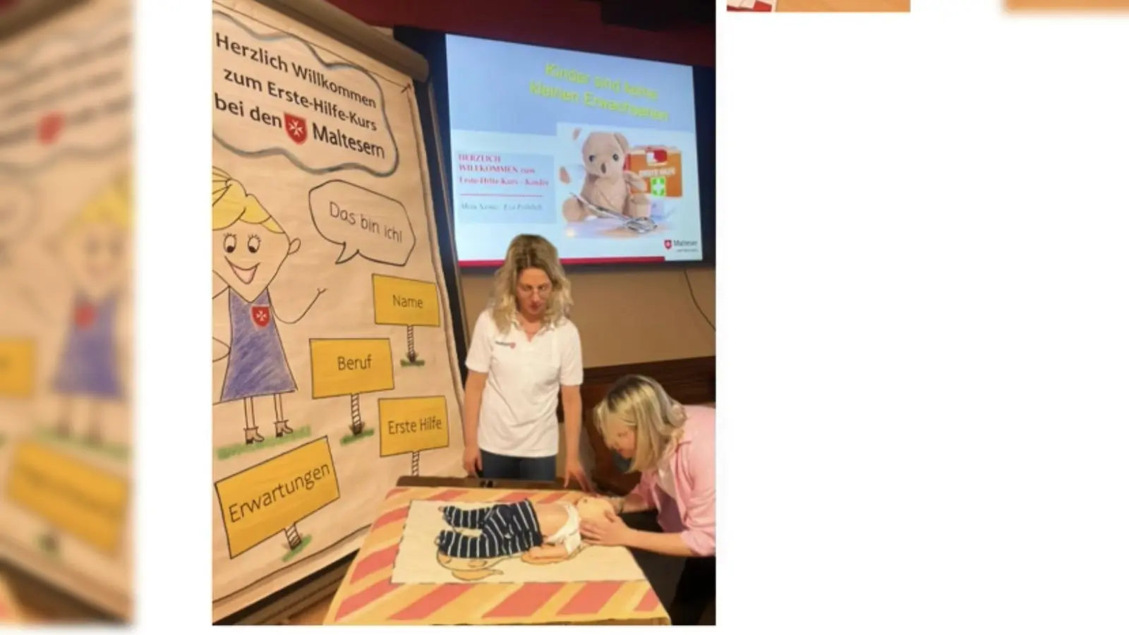 Unter der Leitung von Eva Fröhlich üben die Teilnehmenden konzentriert die Wiederbelebung von Kindern – ein Wissen, das im Ernstfall entscheidend sein kann. (Bild: Eva Fröhlich )