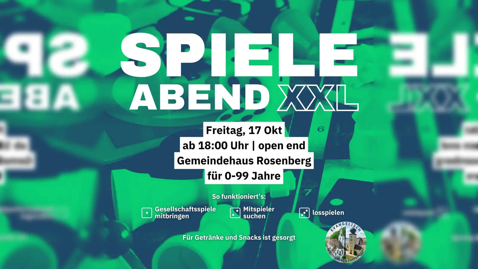 Einladungsflyer zum Spieleabend XXL im Evang. Gemeindehaus Rosenberg am 17.10. ab 18:00 Uhr (Grafik: Daniel Götzfried)