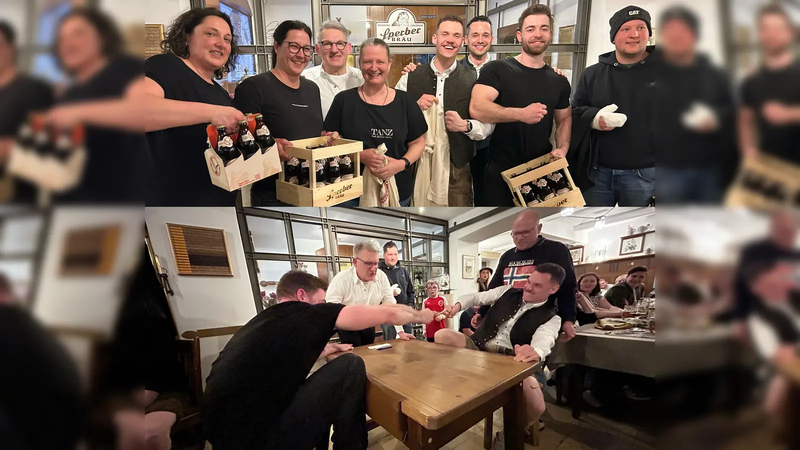 Die Sieger der Wettbewerbe Maßkrugstemmen und Fingerhakeln im Brauereigasthof Sperber mit den Organisatoren (von links) Henrike Mömling, Vanessa Rescigno, Jimmy Gebhardt, Andrea Schulz, Basti Heider, Michael Sperber, Niko Kandziora und Christoph Zobler (Bild oben) sowie das Finale im Fingerhakeln zwischen Basti Heider (rechts) und Niko Kandziora (links) mit Organisator Thomas „Jimmy” Gebhardt (Mitte/Bild unten). (Bilder: Andreas Royer)