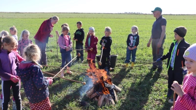 Kinder der Schule Klasse 1/2a und 1/2b beim bruzzeln der selbst geernteten Kartoffeln am Stecken unter Aufsicht von Sigi Meidenbauer des Kneippvereins. (Bild: Rudi Gruber)