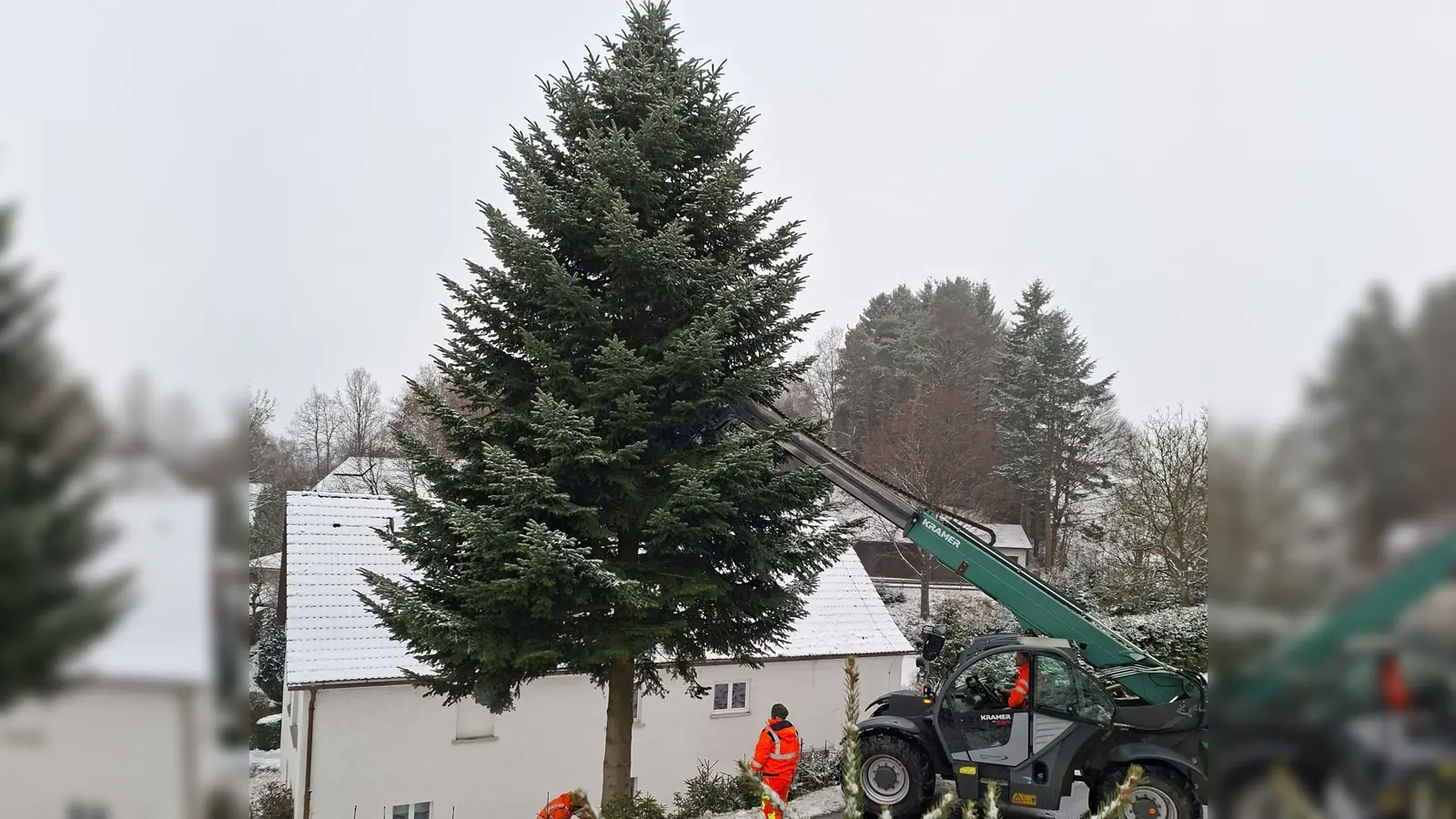 Die Eslarner Bauhofmitarbeiter fällten mit zweiten Bürgermeister Thomas Kleber den bei Familie Wild in Burgtreswitz zu groß gewordenen Tannenbaum und transportierten den Baum nach Eslarn. (Bild: Karl Ziegler)