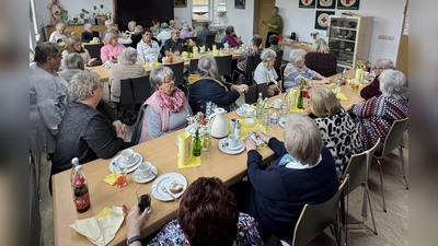 Team- und Pflegedienstleitung Heidi Zeus stellt sich, die Ambulante Pflege und die Tagespflege d'Stawoldstubn bei den Gäste des Generation-Gold-Kaffeekranzls der Bereitschaft Erbendorf im BRK vor. (Bild: Sven Lehner)