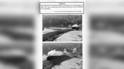 Der bekannte Eisenbahnfotograf Gottfried Turnwald (+ 2003))gab damals Josef Schmaußer <br> die Erlaubnis, einige seiner berühmten Aufnahmen „heimatkundlich“ zu verwenden. Diese <br> wunderbare Aufnahme entstand im März 1961 bei Lauterach. (Bild: Gottfried Turnwald )