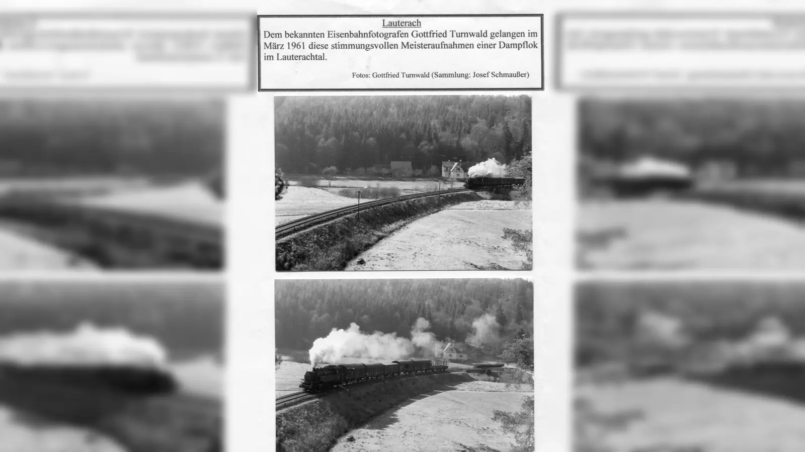 Der bekannte Eisenbahnfotograf Gottfried Turnwald (+ 2003))gab damals Josef Schmaußer <br> die Erlaubnis, einige seiner berühmten Aufnahmen „heimatkundlich“ zu verwenden. Diese <br> wunderbare Aufnahme entstand im März 1961 bei Lauterach. (Bild: Gottfried Turnwald )