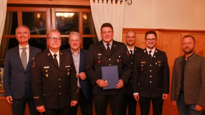 Dominik Raith (4.v.r.) wurde mit der Ehrennadel in Silber der Jugendfeuerwehr Bayern geehrt. Niklas Obermeier (2.v.r.) ist neuer Kreisjugendwart. (Bild: Florian Schlegel)