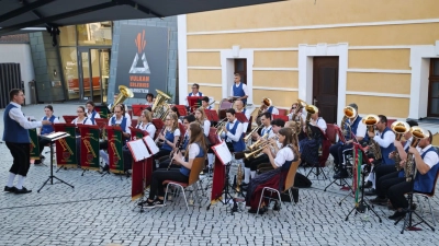 Andreas Bäumler dirigiert die Jugendblaskapelle Parkstein bei der Serenade im Schloßgarten (Bild: Gisela Witt)