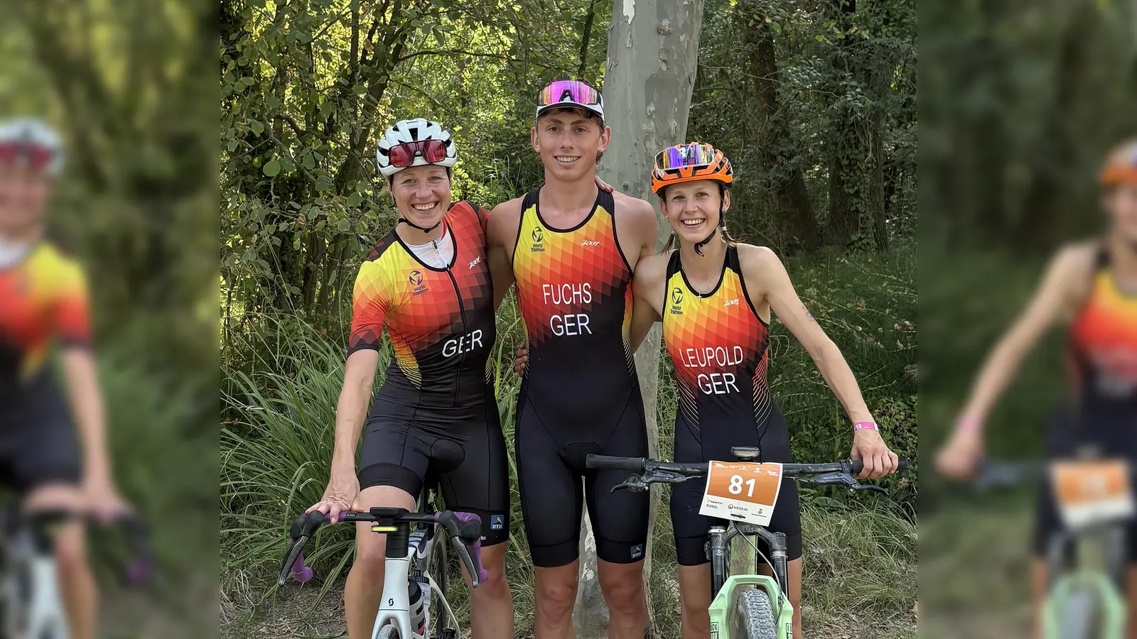 Bei der EM in Spanien lieferten die Triathleten des TV Burglengenfeld eine tolle Vorstellung v.l. Justine Jendro, Michi Fuchs und Paula Leupold<br><br> (Bild: Franz Pretzl)