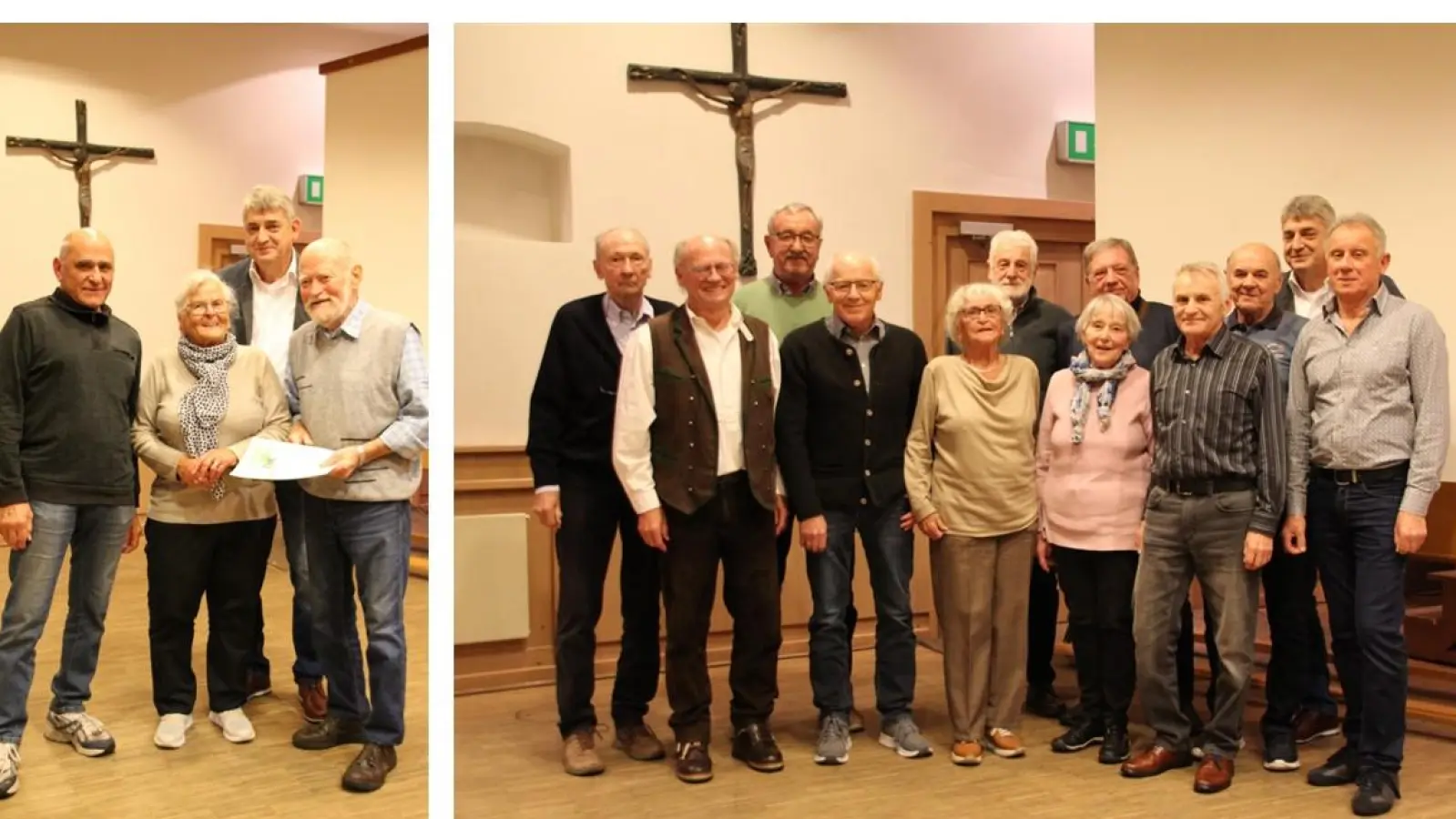 Links die drei anwesenden Gründungsmitglieder Willi Uschold, Edith Deglmann und Günther Walberer zusammen mit 1. Vorsitzenden Roman Kastl - rechts die geehrten für 60 bzw. 65 Jahre Mitgliedschaft bei der DJK Pressath (Bild: Simone Murr)