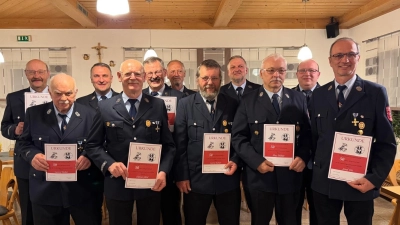 Mitgliederehrung - für 50 Jahre Vereinszugehörigkeit mit auf dem Bild die Vorstände und der 1. Kommandant: Von hinten links: Wolfgang Müller, Vorstand Matthias Müller, Herbert Veigl-Meyer, Vorstand Wolfgang Veigl-Meyer, Vorstand Hans Prieschenk, 1. Kommandant Florian Müller, von vorne links: Weber Georg sen., Heinz Jobst, Georg Koller, Max Weber, Josef Ott jun.  (Bild: Hans Prieschenk)