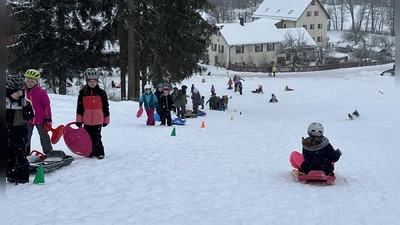 Waldershofer Grundschüler am Schlittenhang. (Bild: Johanna Reger)