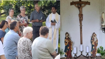 (links) Pfarrvikar Jestin von Rosenberg betete und sang mit den vielen Anwesenden bei der Maiandacht am Feuerhof. (rechts) Seit 1988 sind die Statuen der Patronin Hl. Barbara und Mutter Gottes mit Kind Bestandteil der Kapelle, sie gehen jetzt zur Restaurierung auf eine kurze Reise. (Bild: F. Lotter, J. Weiß)