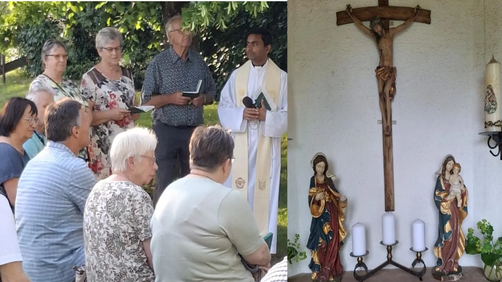 (links) Pfarrvikar Jestin von Rosenberg betete und sang mit den vielen Anwesenden bei der Maiandacht am Feuerhof. (rechts) Seit 1988 sind die Statuen der Patronin Hl. Barbara und Mutter Gottes mit Kind Bestandteil der Kapelle, sie gehen jetzt zur Restaurierung auf eine kurze Reise. (Bild: F. Lotter, J. Weiß)