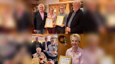 Gruppenbild oben (von links nach rechts): Bezirksvorsitzender des BVS Bezirk Oberpfalz Dieter Menzel, Übungsleiterin Edith Balk, die Vorstände Robert Zinnecker und Engelbert Franz. Gruppenbild unten (von links nach rechts): Vorstand Engelbert Franz, Mitglied Waltraud Jüttner, 1. Bürgermeister der Stadt Waldsassen Bernd Sommer sowie Vorstand Robert Zinnecker. Bild unten links: Übungsleiterin Edith Balk. (Bild: Iris Heinrich)