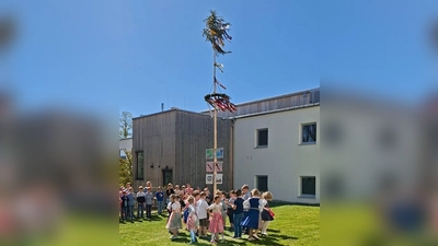 Die Kinder der Klasse 1/2a gestalteten einen beschwingten Tanz um den Maibaum. (Bild: Daniela Scharf)