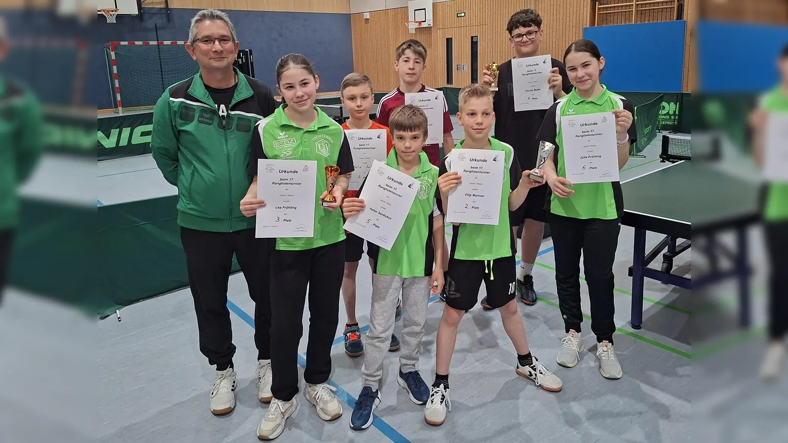 vo. li. Trainer Erich Kneißl, Lea Frühling, Felix Schatz, Yehor Serdiukov, Jonathan Liebl, Filip Marinac, Florian Bader und Julia Frühling (Bild: Erich Kneißl)