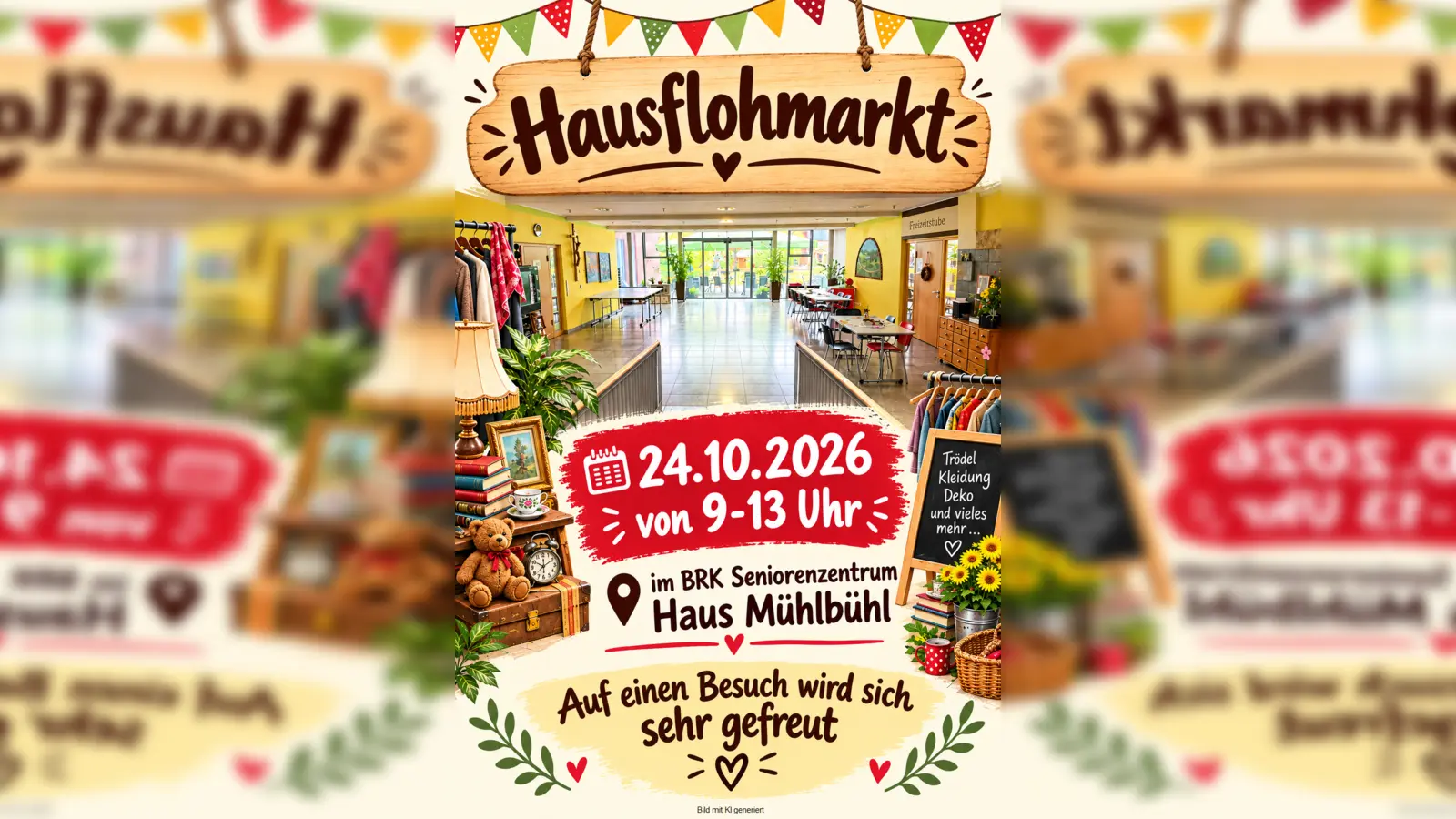 Am 24.10.26 veranstaltet das „Haus Mühlbühl” seinen ersten Hausflohmarkt. (Bild: Timo Maurer (mit Hilfe von KI erstellt))