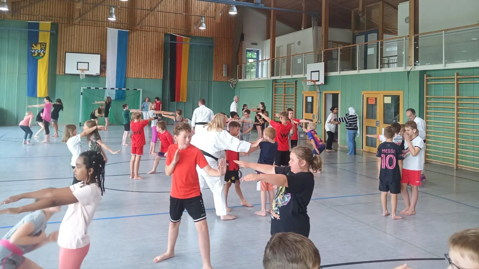 Gemischte Gruppe aus Schülern/ innen von Waidhaus, Georgenberg und Pleystein üben sich in ersten Selbstverteidigungstechniken (Bild: Katja Gieler)