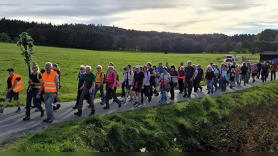 Die Wallfahrer folgen dem Kreuz auf dem Weg von Enzenrieth nach Pleystein. (Bild: Tobias Gallersdörfer)