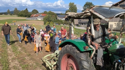 Hinter Hermann Köstler mit dem Kartoffelgraber sammelten die Kinder ihre Kartoffeln auf (Bild: Martin Exner)