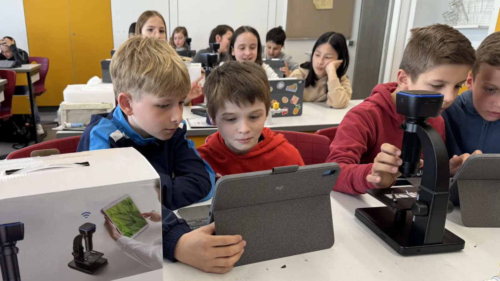Schülerinnen und Schüler der 5. Jahrgangsstufe testen die neuen WiFi-Mikroskope im Biologieunterricht (Bild: Stefan Fuchs)