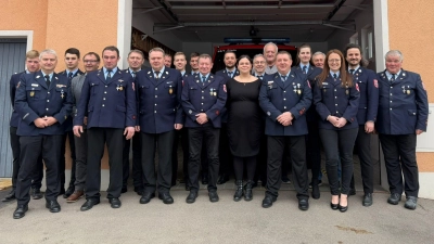 Das Bild zeigt die neu gewählte Vorstandschaft , die ausgezeichneten Mitglieder der FF Stein mit Kreisbrandmeister Günther Ponnath und dritten Bürgermeister Norbert Auer. (Bild: Tobias Bernklau)