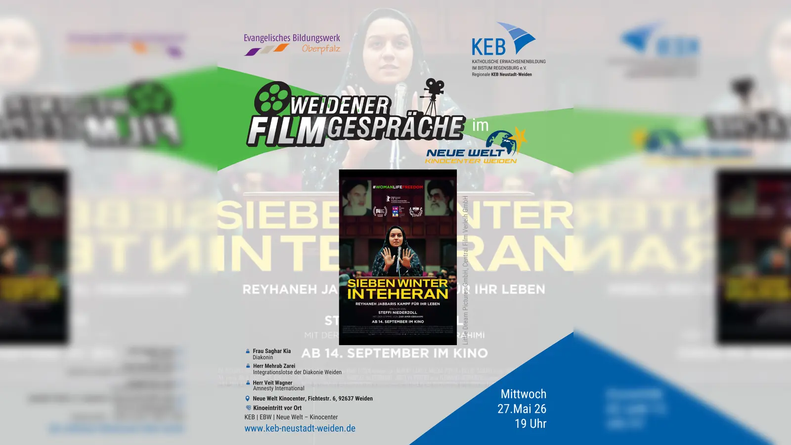 Am 27. Mai 2026 um 19 Uhr zeigen das Evangelische Bildungswerk Oberpfalz (EBW) und die Katholische Erwachsenenbildung (KEB) in ökumenischer Zusammenarbeit den eindrucksvollen Dokumentarfilm Sieben Winter in Teheran mit anschließendem moderierten Publikumsgespräch. (Bild: Cornelia Hoffmann)