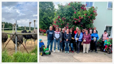 Die Teilnehmer der Radtour auf der Straußenfarm in Blechhof (Bild: Manuel Neidel)