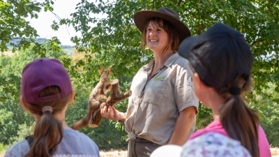 Rangerin Michaela Griener vom Naturpark Nördlicher Oberpfälzer Wald erzählte den Kindern viel Wissenswertes über das Eichhörnchen. (Bild: Holger Wolfrum)