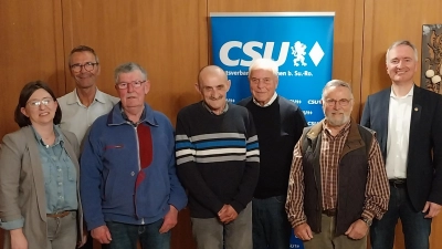Ehrungen für langjährige Treue erhielten aus der Hand von Ortsvorsitzenden Peter Achatzi (2. von li) Hans Rahm, Hans Maul, Martin Merkl und Erwin Högner (3 - 6 von links) Es gratulierten die neu Ortsvorsitzende Stefanie Bär (li) und MdL Dr. Harald Schwartz (re) (Bild: Wolfgang Rattai)