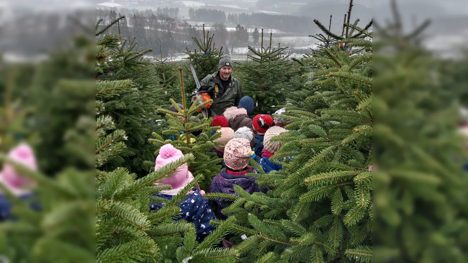 Mit Bernhard Kammerer waren die Kindergartenkinder im Weihnachtswald unterwegs.<br> (Bild: Sabine Götz)