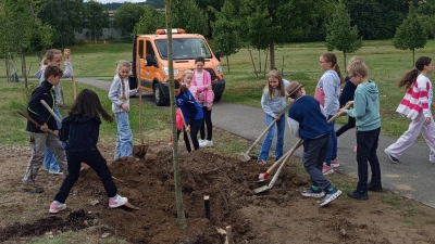 Mit Begeisterung schaufelten die Kinder Erde ins Pflanzloch. (Bild: Sigrid Reger-Scharf)