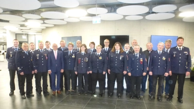 Zwölf Aktive, darunter fünf Frauen, wurden mit dem Ehrenzeichen in Silber und Gold ausgezeichnet. Ihnen gratulierten Vizelandrat Albert Nickl ( 6.von links) , Führungskräfte des Landkreises sowie die Bürgermeister der Verwaltungsgemeinschaft Weiherhammer. (Bild: Siegfried Bock)
