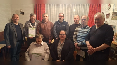  Die geehrten Mitglieder (von links): Bürgermeister Bernhard Schindler, Gerhard Scherm, Günther Heser, Obmann Stefan Jungnickl, Joachim Bauer, Reinhold Schultheiß und Roland Scherm sowie (vorne, sitzend) Gabi Bauer und Daniela Bayer.  (Bild:  Holger Kamecke )