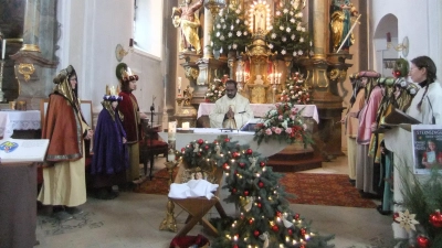Die Messdiener der Pfarrei Pittersberg, als Sternsinger verkleidet, wurden von Pfarrer Sagai in die Pfarrei ausgesandt, um für die Kinder der Dritten Welt Spenden zu sammeln, für gleiche Chancen aller.  (Bild: Michael Götz)