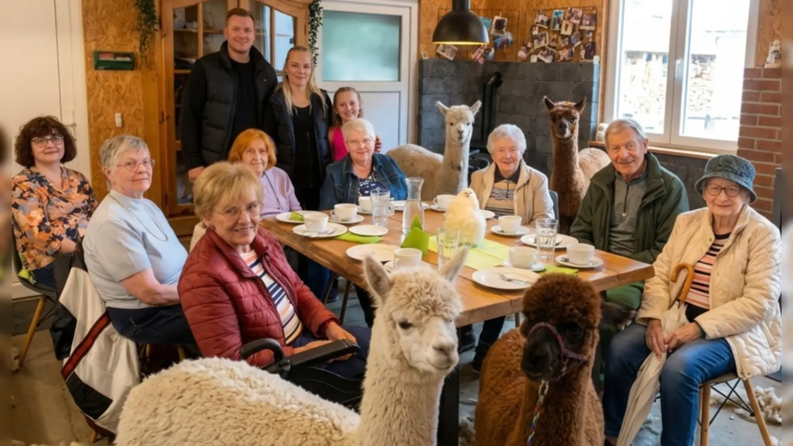 Die Seniorinnen und Senioren inmitten von Alpakas. (Bild: Konrad Nickl)
