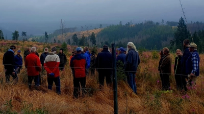 Mit der Forstbetriebsgemeinschaft informierten sich 30 Waldbesitzer im Frankenwald (Bild: Andreas Punzmann)