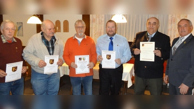 Die RK Holnstein ehrte die Kameraden (von links): Hans Übelacker und Hans Pilhofer Kreis Gold, Manfred Titze Bezirk Bronze, Oliver Herbst Kreis Gold und Werner Übelacker Bundes-Ehrennadel in Gold, durch den Ehrenkreisvorsitzenden OTL.d.R. Werner Gebhardt (rechts). (Bild: Manfred Noskowiak)