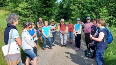 Am Wegesrand stehende Kräuter wurden von der Kräuterführerin Frau Zenger ( 1.v. r.) erläutert und auf die heilenden Wirkung hingewiesen.  (Bild: Christina Rosner)
