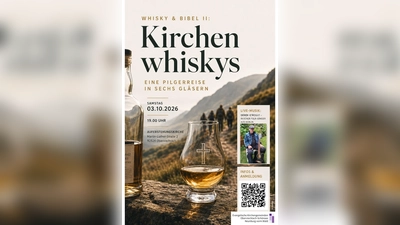Das Plakat weist auf die Veranstaltung „Whisky &amp; Bibel II – Kirchenwhiskys“ in der Auferstehungskirche Oberviechtach hin. (Bild: Philipp Fischer - AI modified)