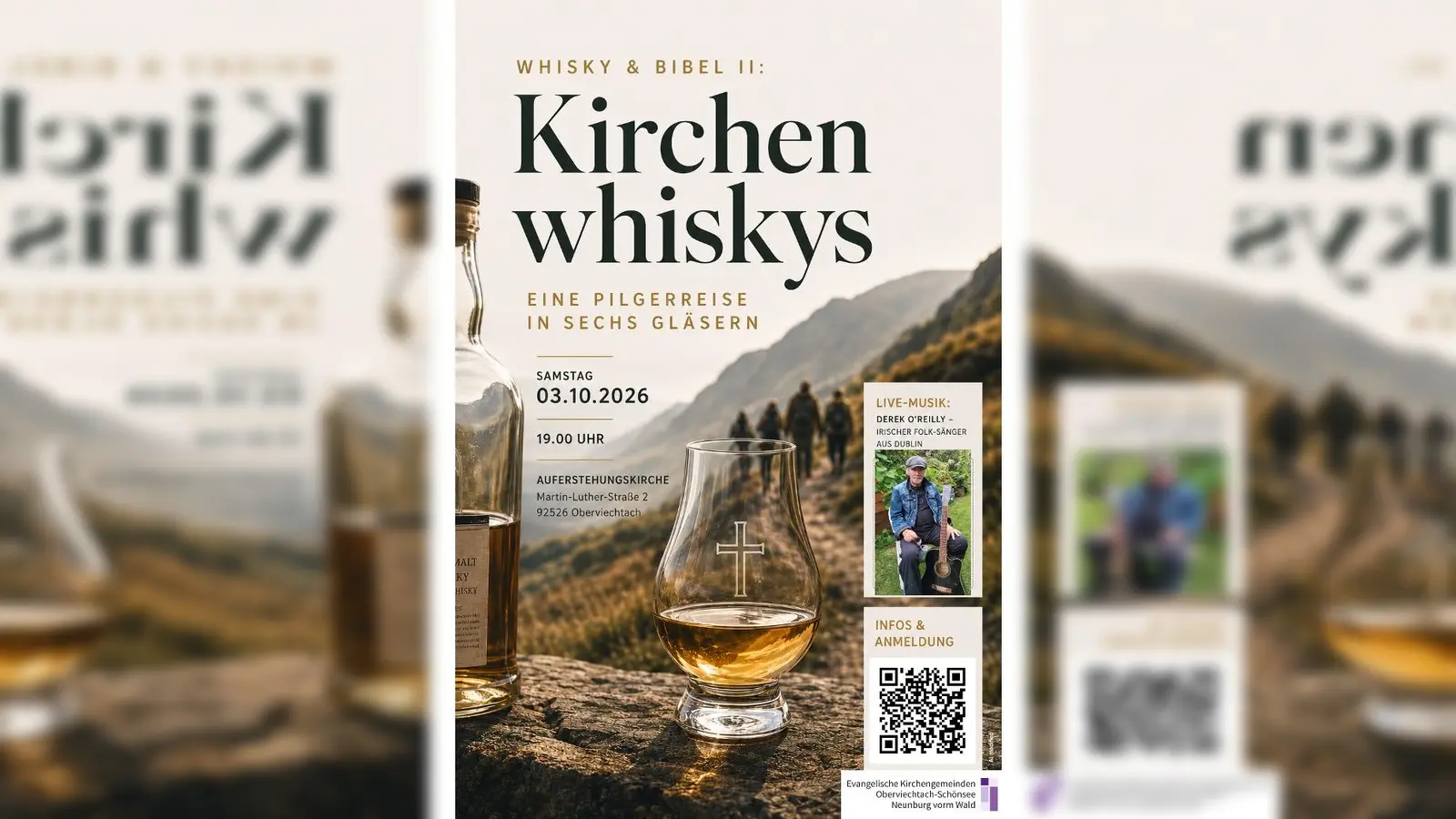 Das Plakat weist auf die Veranstaltung „Whisky &amp; Bibel II – Kirchenwhiskys“ in der Auferstehungskirche Oberviechtach hin. (Bild: Philipp Fischer - AI modified)