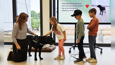 Die Schüler knüpfen erste Kontakte mit Therapiehund Shaggy. (Bild: Johanna Reger)