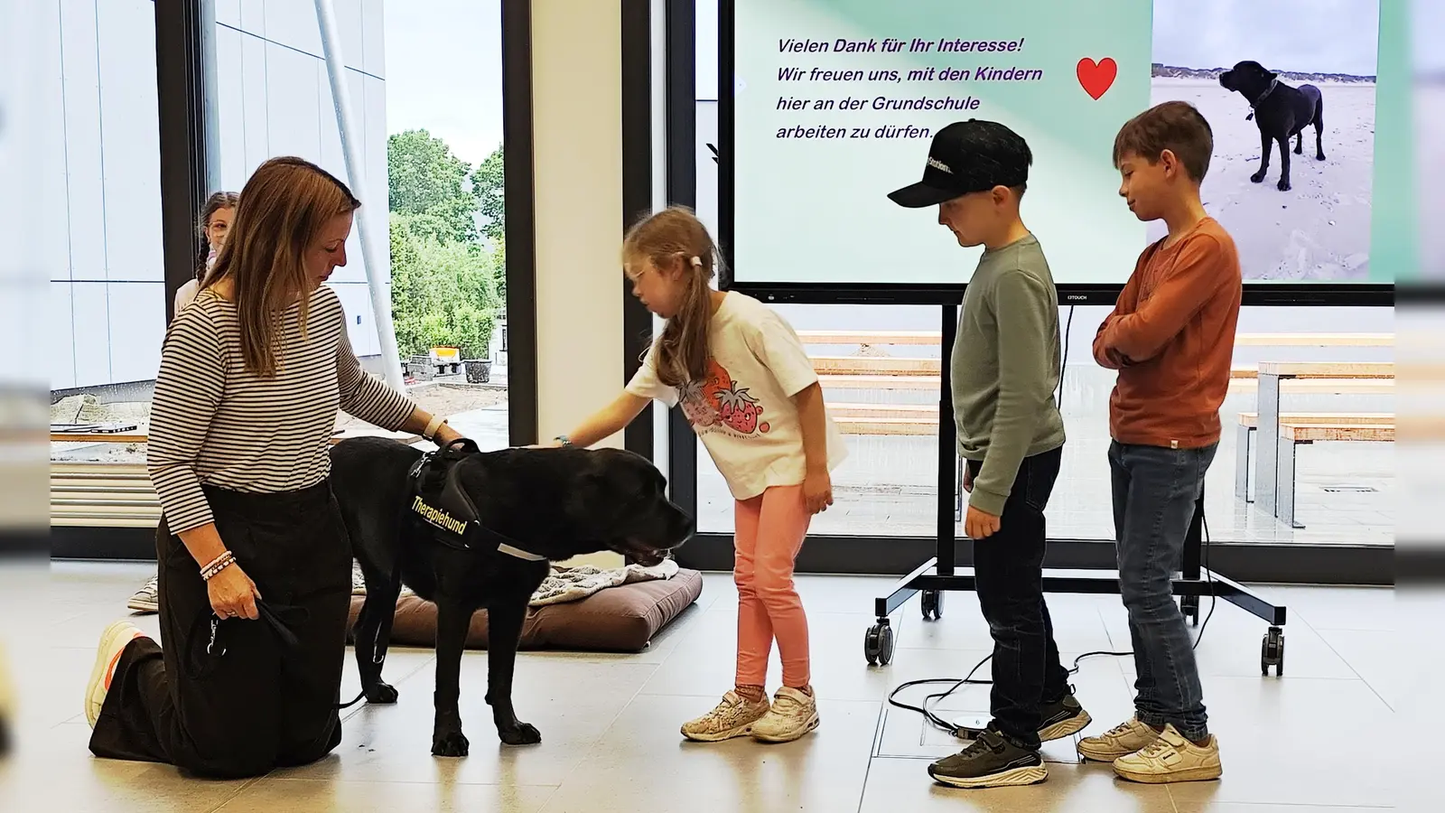 Die Schüler knüpfen erste Kontakte mit Therapiehund Shaggy. (Bild: Johanna Reger)