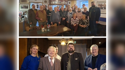 Die Jubilare für 25 und 40 Jahre Mitgliedschaft (Bild oben) und das Ehrenmitglied Gerd Geismann für 50 Jahre Mitgliedschaft mit Landrat, 1. Bürgermeister und Vorstandschaft (Bild unten). (Bild: Achim Fischer)