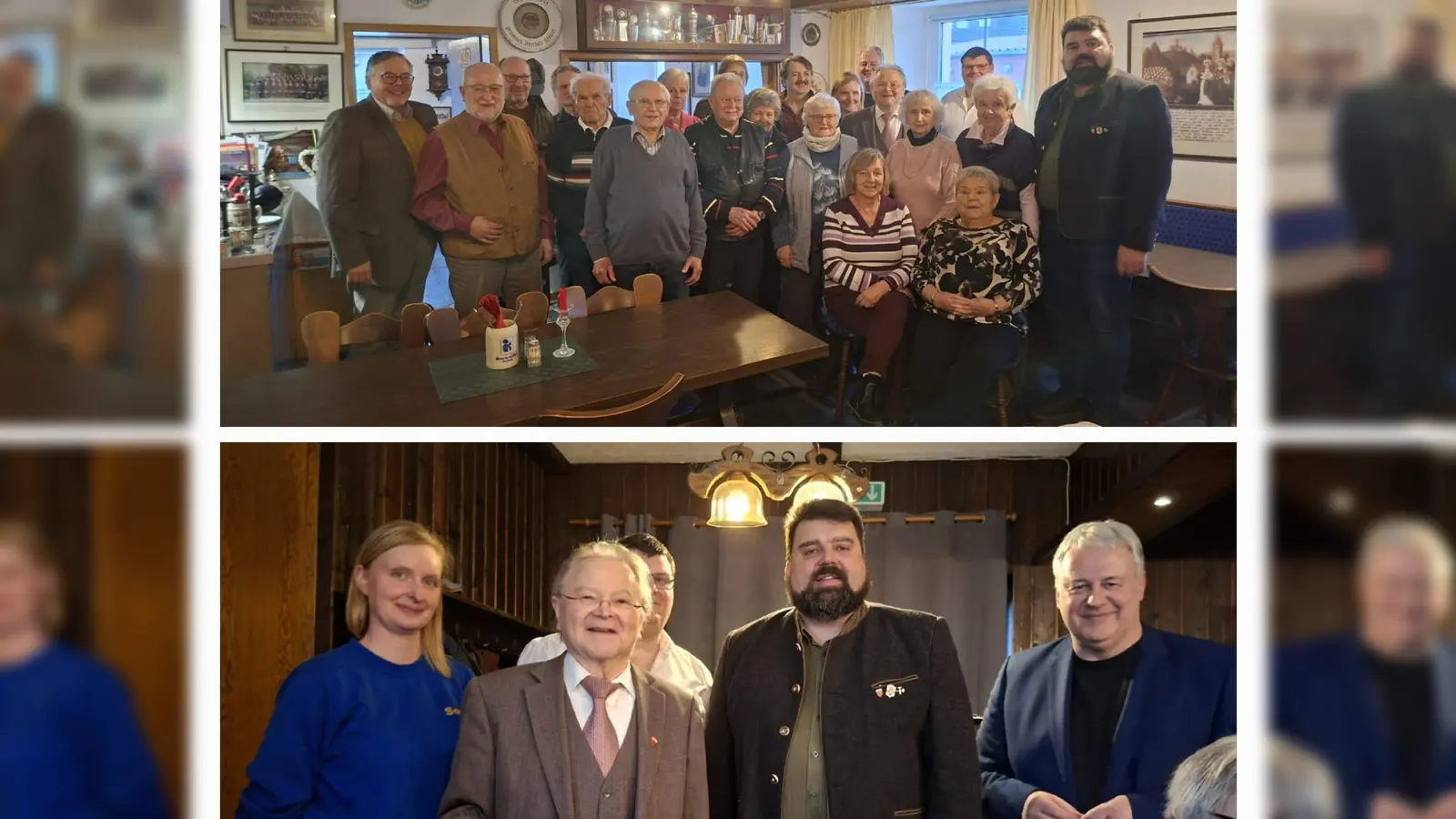 Die Jubilare für 25 und 40 Jahre Mitgliedschaft (Bild oben) und das Ehrenmitglied Gerd Geismann für 50 Jahre Mitgliedschaft mit Landrat, 1. Bürgermeister und Vorstandschaft (Bild unten). (Bild: Achim Fischer)