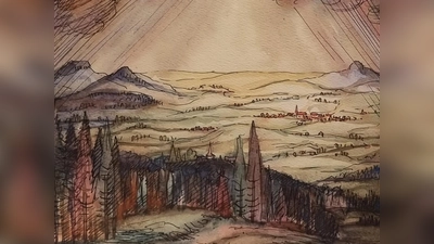 Auf Gewitter folgt Sonne: Einen ungewöhnlichen Blick auf das Kemnather Land mit seinen drei Gipfeln Schlossberg, Anzenstein und Kulm wagte Gottlieb Scharff auf diesem Bild. Kunstwerke des Kemnather Grafikers und Malers zeigt das Kemnather Museum in einer Sonderausstellung. (Repro: Bernhard Piegsa)