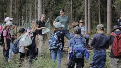 Revierleiterin Johanna Hauke erklärt den Kindern, welche Tiere sich in einer Totholzhecke einnisten.  (Bild: Ralph Würschinger)