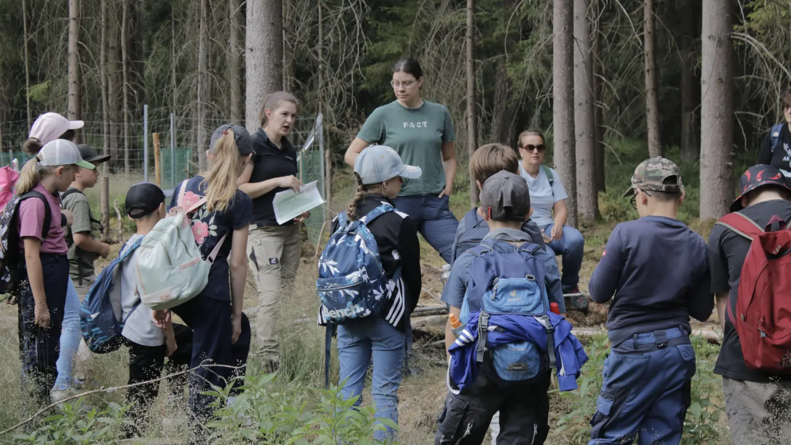 Revierleiterin Johanna Hauke erklärt den Kindern, welche Tiere sich in einer Totholzhecke einnisten.  (Bild: Ralph Würschinger)