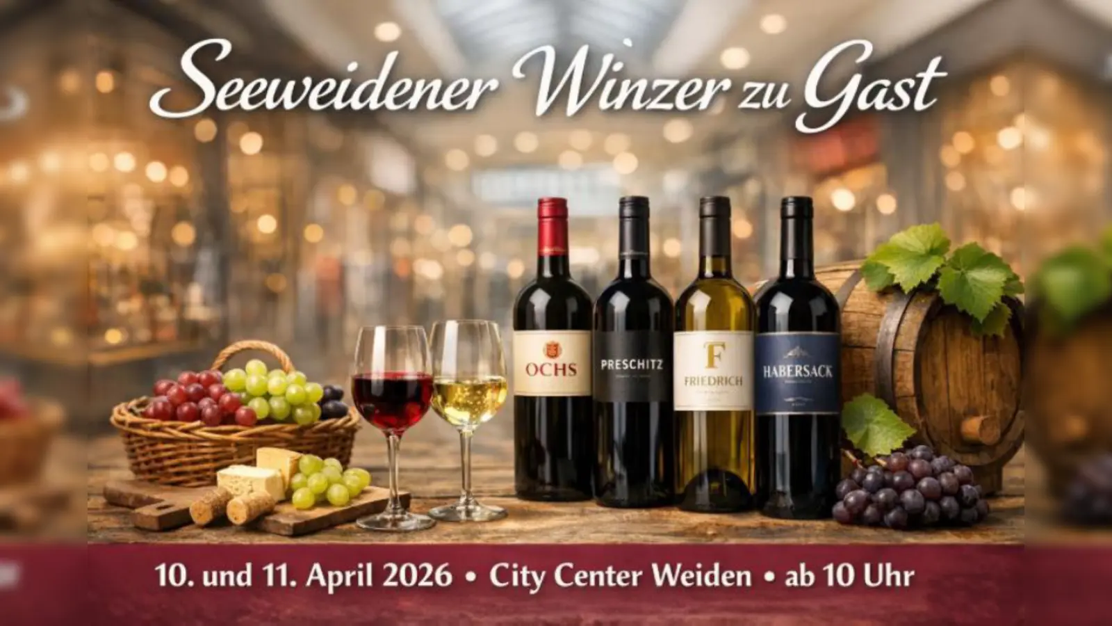 „Das Weinquartett” aus der österreichischen Partnerstadt Weiden am See präsentiert am 10. und 11. April im City Center seinen Wein. (Bild: Philipp Franz)